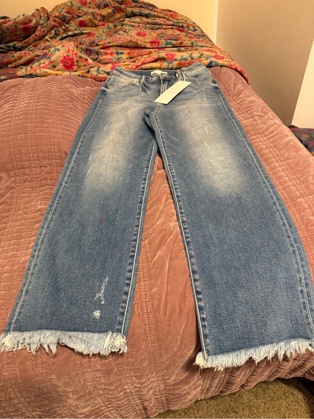 Risen Frayed Hem Cropped Straight Jeans in Medium Blue